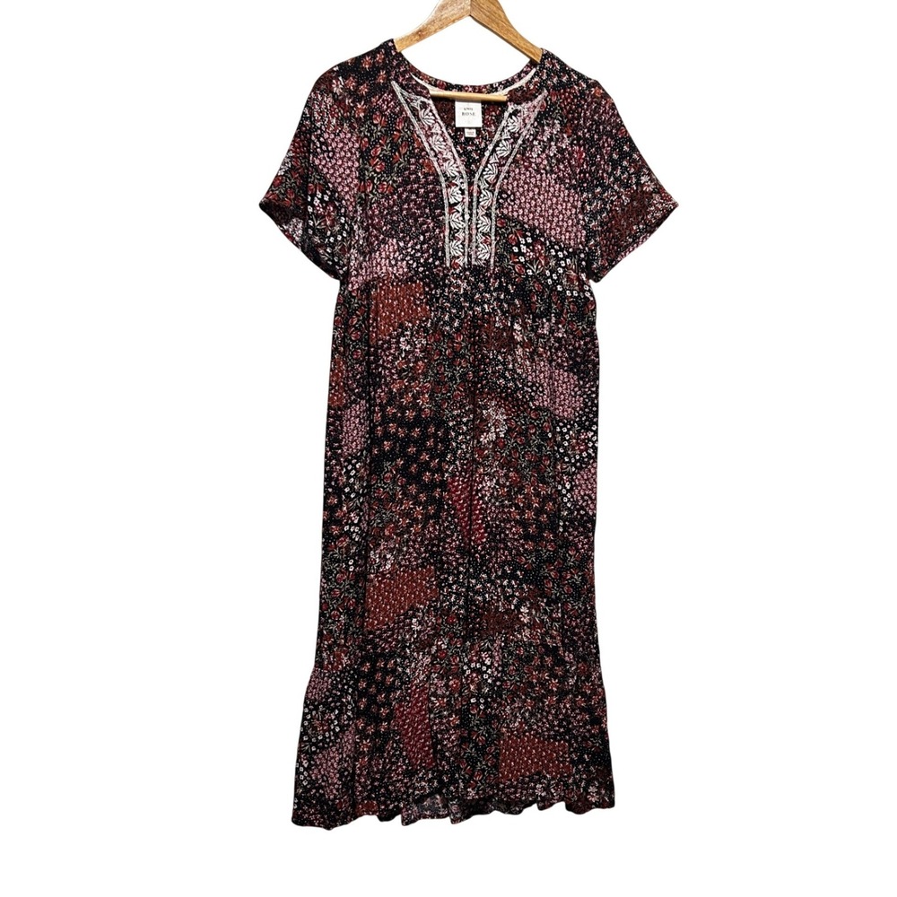 Knox Rose Babydoll Maxi Dress M Black Red Patchwork Floral Boho Peasant Festival